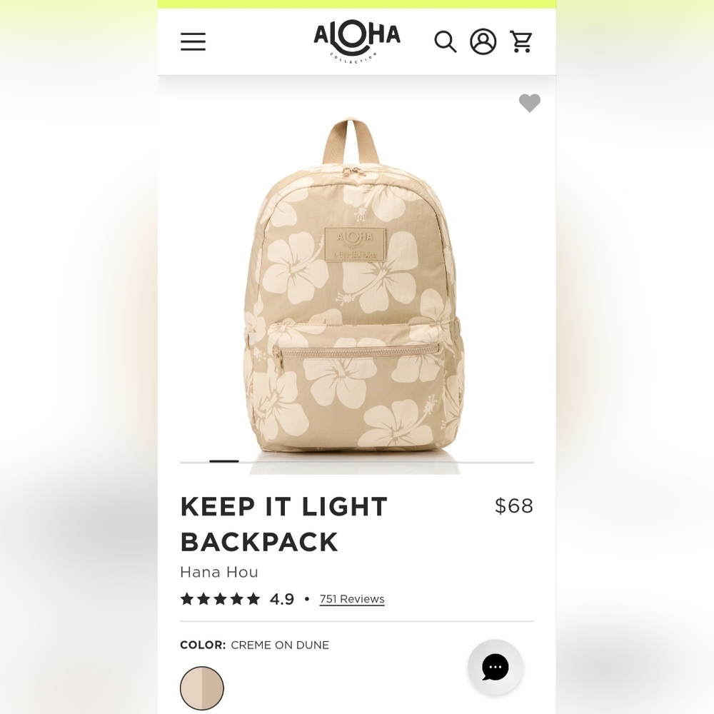 ALOHA Collection Keep It Light Hana Hou Backpack, Dune/Cream, NWT